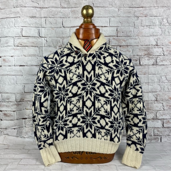 Vtg 90 Polo Country Snowflake Shawl Collar Hand Knit Wool Sweater M - Picture 2 of 10